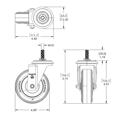 31-SM10D4-7 MODULAR SOLUTIONS CASTER 4" SWIVEL, M10 STEM W/LOCK